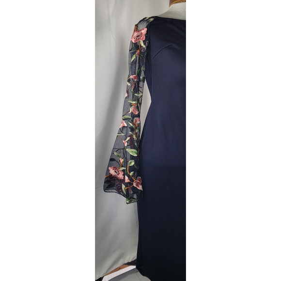 Club L London Size 14 Navy Embroidered Floral Sheer Bell Sleeve Cocktail Dress - Picture 3 of 8
